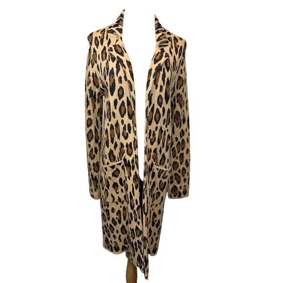Chico's Leopard Print Long Cardigan Sweater Duster Pockets Front Knit Sz 0 Small - Picture 1 of 11